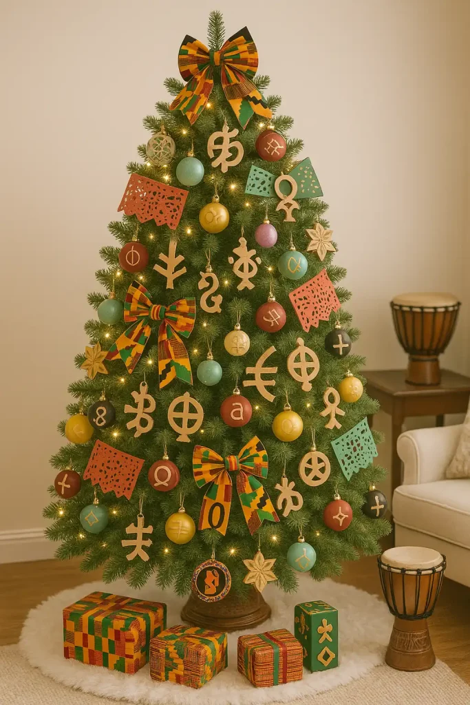 A tree decorated with ornaments and symbols representing a specific cultural heritage—such as African kente cloth bows, Mexican papel picado, Indian mirror ornaments, or Japanese origami. Rich, authentic colors and textures, with traditional music or instruments nearby.