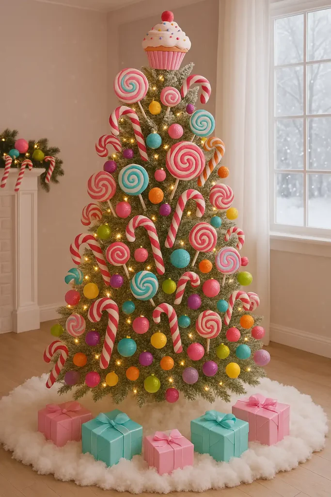 A colorful Christmas tree decorated with oversized candy canes, lollipops, gumdrops, and bright ornaments in pink, aqua, and lime green. Faux snow at the base, pastel presents, and a giant cupcake or candy-themed topper. Perfect for a playful or kids' room vibe.
