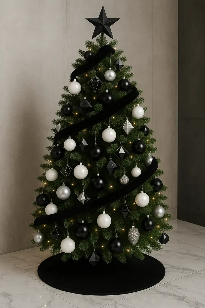 A fashion-forward Christmas tree with matte black, glossy white, and metallic silver ornaments. Black velvet ribbon, geometric shapes, and minimalist lights. Set against a sleek modern interior with marble or industrial accents.
