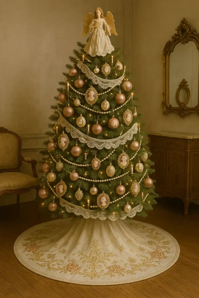 An opulent Christmas tree with antique-style ornaments, lace garlands, pearl strands, and cameo or angel decorations. Hues of dusty rose, gold, and ivory. Candle-style lights and a tree skirt with elegant embroidery. Surrounded by vintage furniture.