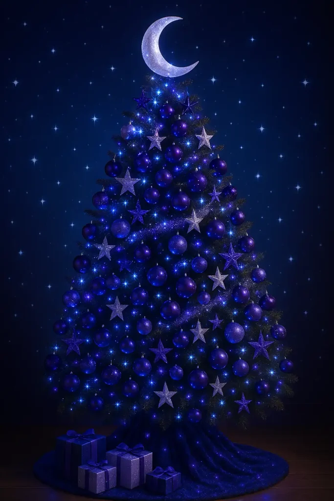 A dreamy, galaxy-themed tree decorated with midnight blue, deep purple, and silver ornaments. Star-shaped baubles, shimmering tinsel, and nebula-inspired lights. A crescent moon topper and twinkling fairy lights. Background features starry decals or a galaxy wallpaper.