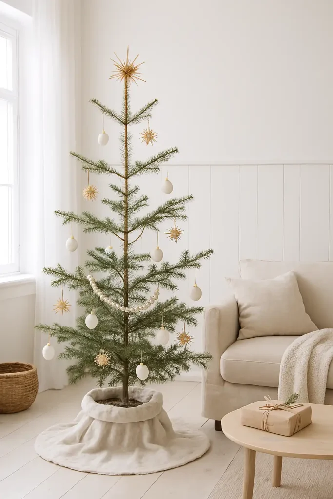 A sparse, natural pine tree decorated with simple white ceramic ornaments, straw stars, and wooden beads. No lights or very minimal lighting. Set in a light, airy Scandinavian-style room with neutral tones and soft textiles.