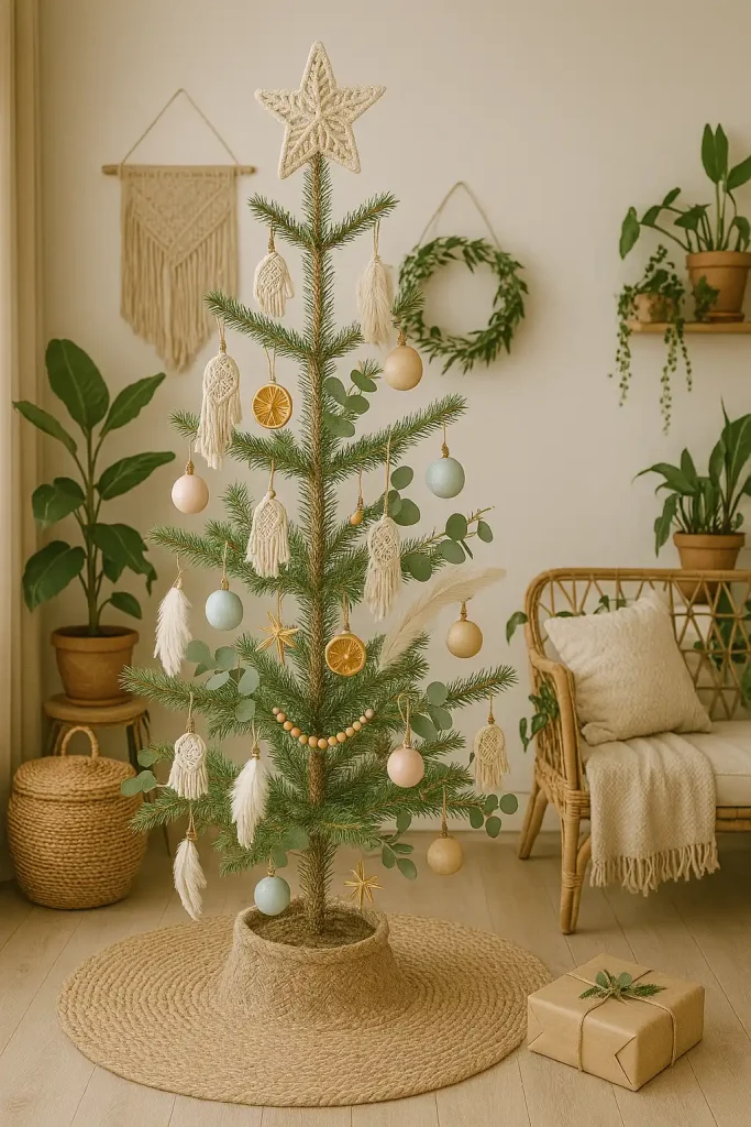 A free-spirited Christmas tree adorned with macramé ornaments, feathers, pastel-colored baubles, and gold accents. Dried orange slices and eucalyptus branches tucked in. Set in a room with woven textures, earthy tones, and plenty of plants.