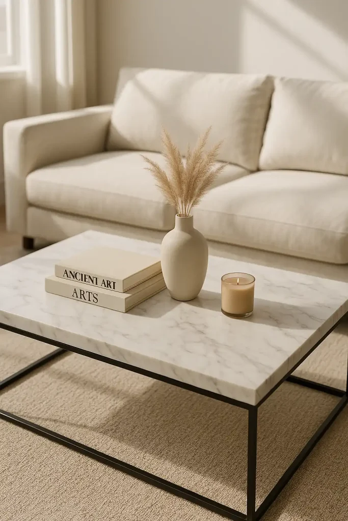 A sleek white or black marble coffee table in a sunlit modern living room. Decor includes a stack of two art books, a minimalist ceramic vase with dried pampas grass, and a small soy candle in a neutral tone. A soft beige rug underneath and a cream-colored sectional sofa in the background.