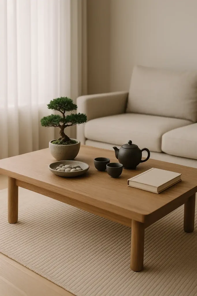A low-profile coffee table in warm ash wood, set on a tatami-inspired rug. Decor includes a small bonsai tree, a shallow stone dish with pebbles, a Japanese tea set, and a linen-bound journal. The background shows sheer curtains, clean lines, and calming neutral tones.