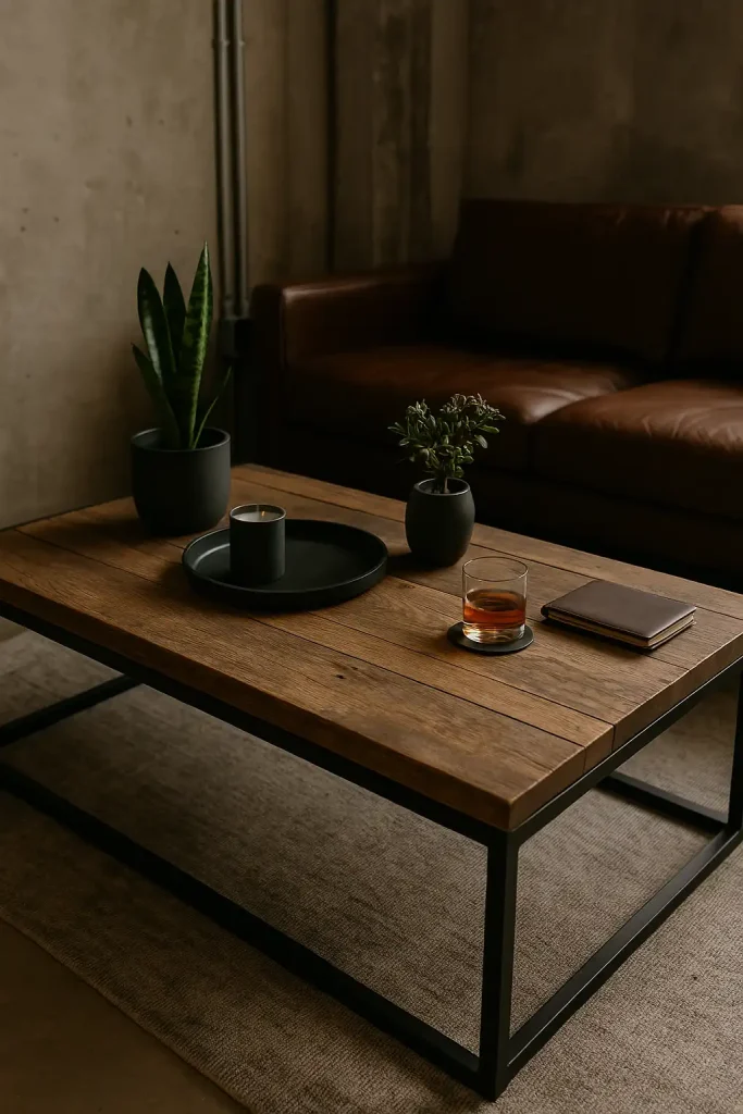 A steel and reclaimed wood coffee table in a loft with exposed pipes and concrete walls. Decor features a matte black tray, a whiskey tumbler with a coaster, a metal candle, a leather-bound notebook, and a plant in a matte charcoal pot. Masculine and minimalist energy.