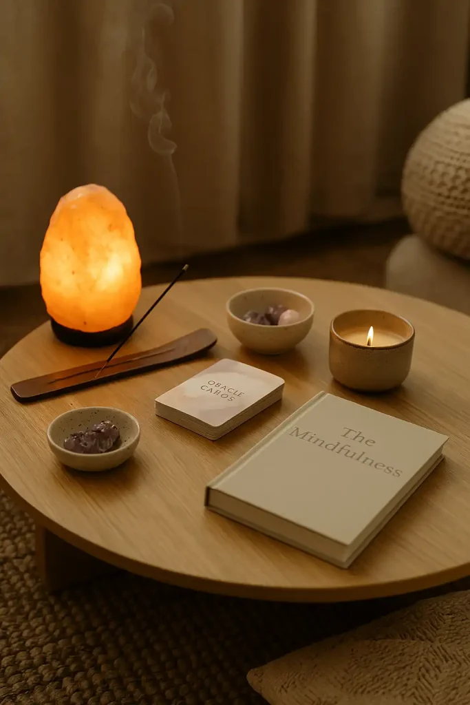 A serene coffee table setup featuring a Himalayan salt lamp, a burning incense holder, a deck of oracle cards, a bowl of crystals (amethyst, rose quartz), and a book on mindfulness. Natural textures, woven mats, and soft ambient lighting all around.