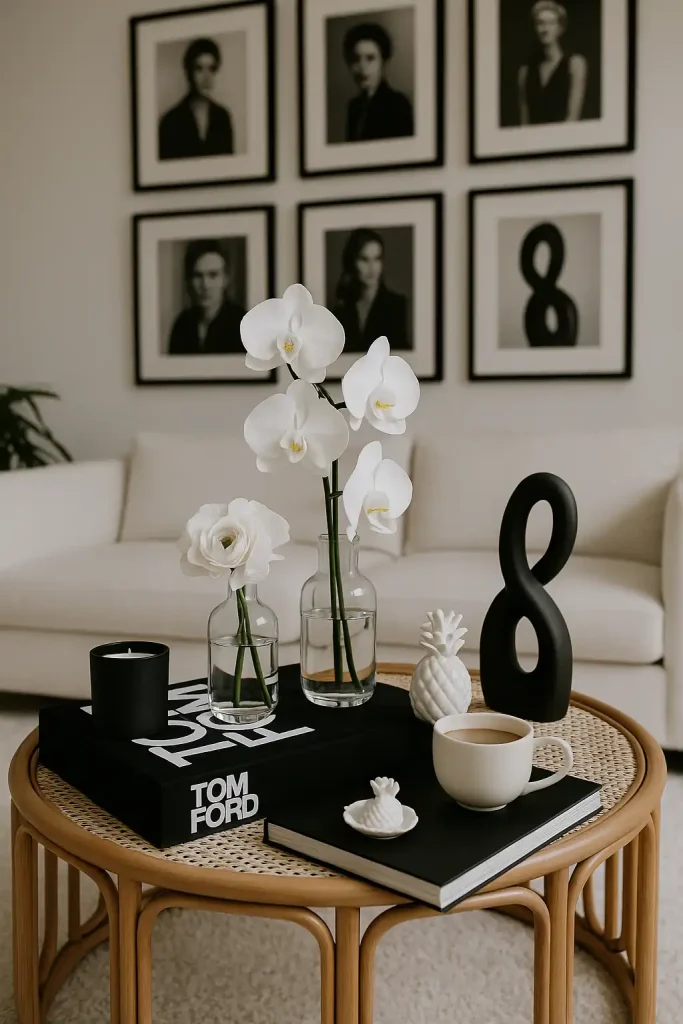 A black and white styled coffee table with a glossy fashion book (e.g. Tom Ford), a black candle, white orchids in a tall vase, and a minimalist black sculpture. A black-and-white photograph wall gallery in the background creates a cohesive, dramatic vibe.