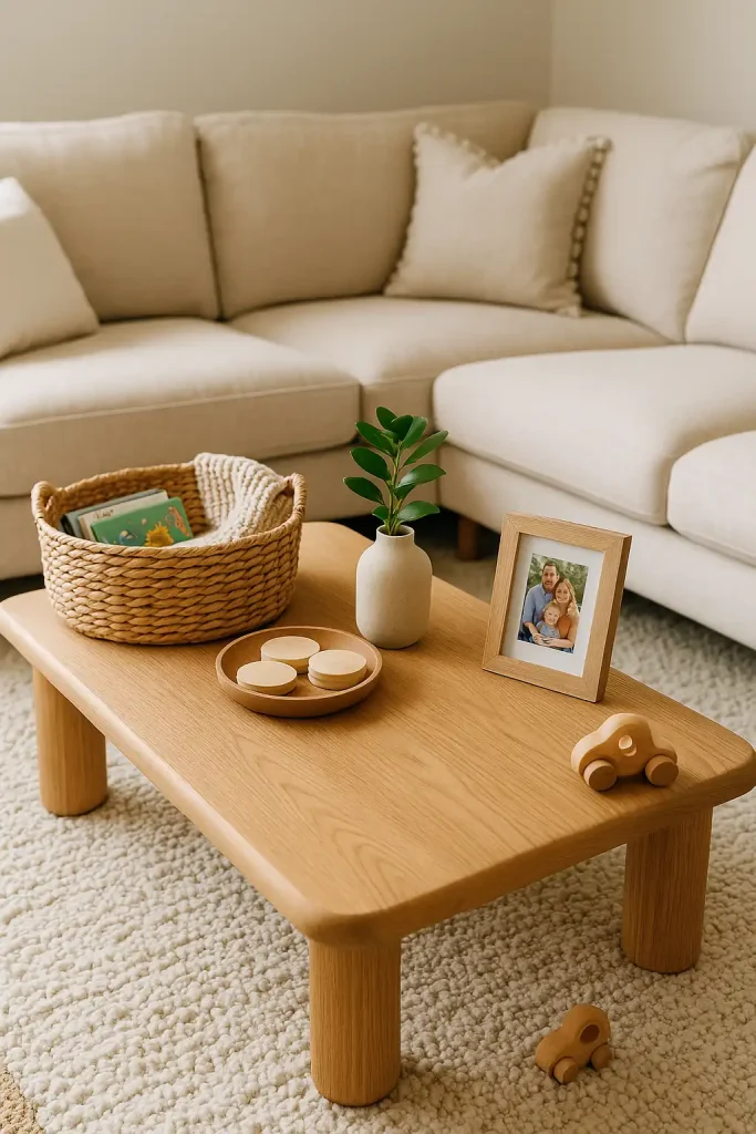 A chunky wooden coffee table with rounded edges for safety, sitting on a plush textured rug. Decor includes a large woven basket with picture books and a soft throw, a wooden tray with kid-safe coasters, a small potted plant, and a framed family photo. Soft, warm lighting and neutral tones with playful accents like a toy or two subtly placed.
