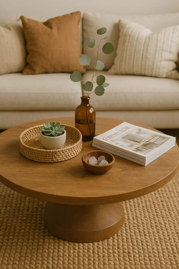A round wooden coffee table on a woven jute rug. Decor elements: a rattan tray holding a small succulent, a vintage amber glass bottle with eucalyptus stems, a stack of lifestyle magazines, and a small hand-carved wooden bowl with crystals. Earthy textures and layered pillows around.