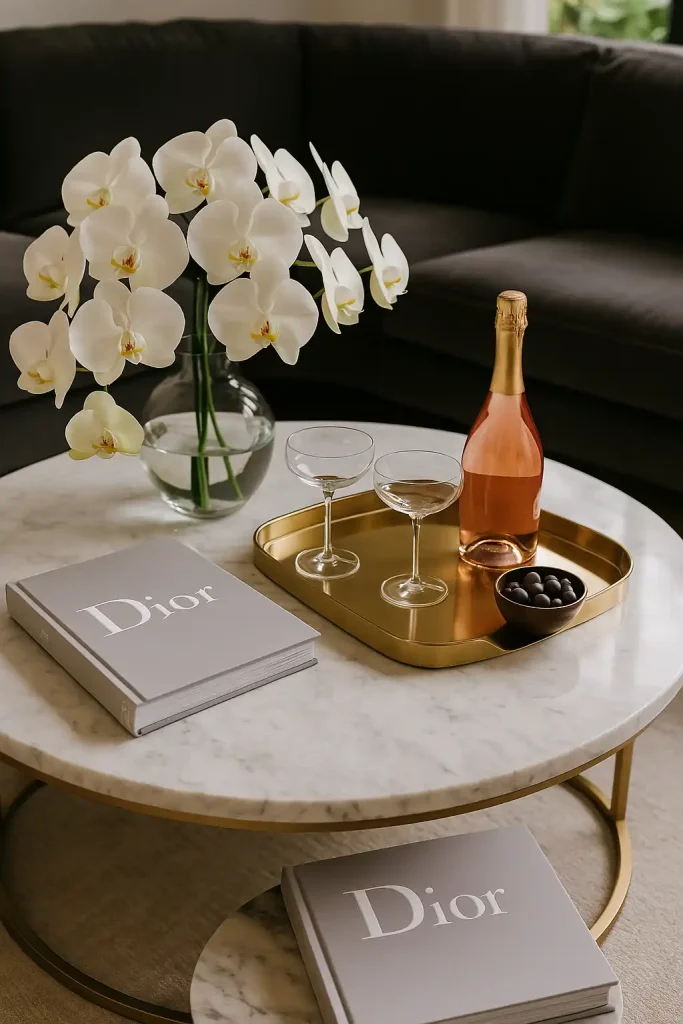 A glossy marble coffee table styled for a night in with friends. Decor includes a gold or mirrored tray with a bottle of rosé or prosecco, two delicate stemmed glasses, a bowl of chocolate-covered almonds, and a fashion-forward book like Dior or Vogue Living. A statement floral centerpiece (orchids or hydrangeas) adds drama, with a plush velvet couch in the background.