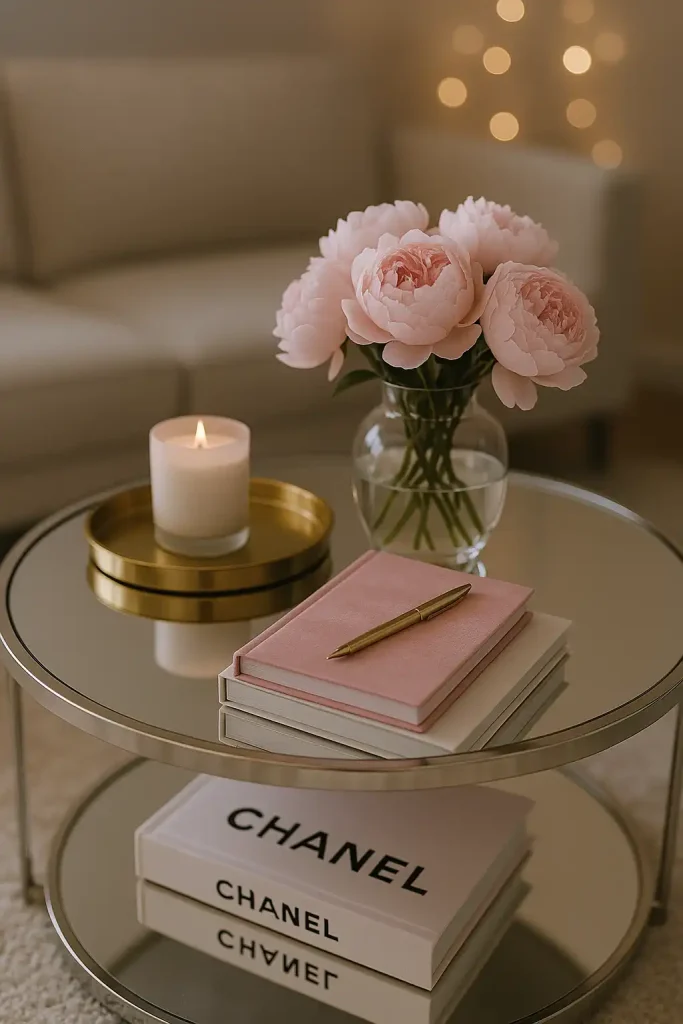 A mirrored or marble-top coffee table with blush pink accents. A gold tray holding a scented candle, a bouquet of fresh peonies in a glass vase, a pink velvet-bound notebook with a pen, and a Chanel coffee table book. Plush cream carpet and soft lighting with bokeh in the background.