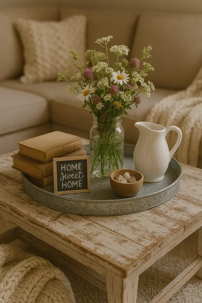 A distressed wood coffee table with a galvanized metal tray centerpiece. Decor includes mason jars with fresh wildflowers, vintage hardcover books, a white ceramic pitcher, and a small chalkboard sign with a cozy message like “Home Sweet Home.” Cozy knit throw draped nearby.