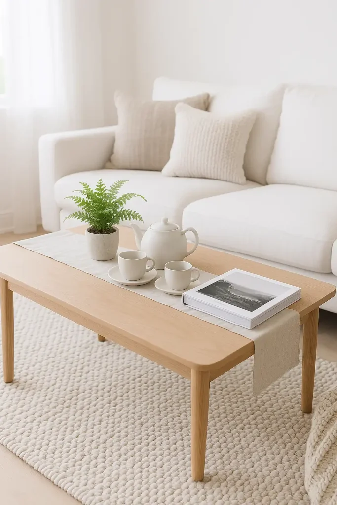 A light oak or birch wood coffee table in a clean white living space with natural light pouring in. Decor includes a neutral-toned linen runner, a small potted fern, a ceramic tea set, and a black-and-white photo book. Woven textures and cozy minimalism throughout.