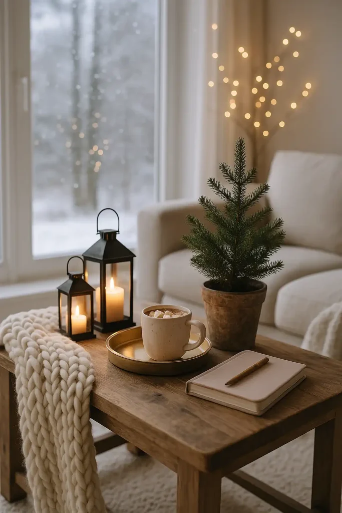 A coffee table styled for winter: chunky knit blanket draped over the edge, candles in lantern holders, a ceramic mug with hot cocoa, and a mini evergreen tree in a rustic pot. Snow outside the window and twinkling lights in the background.