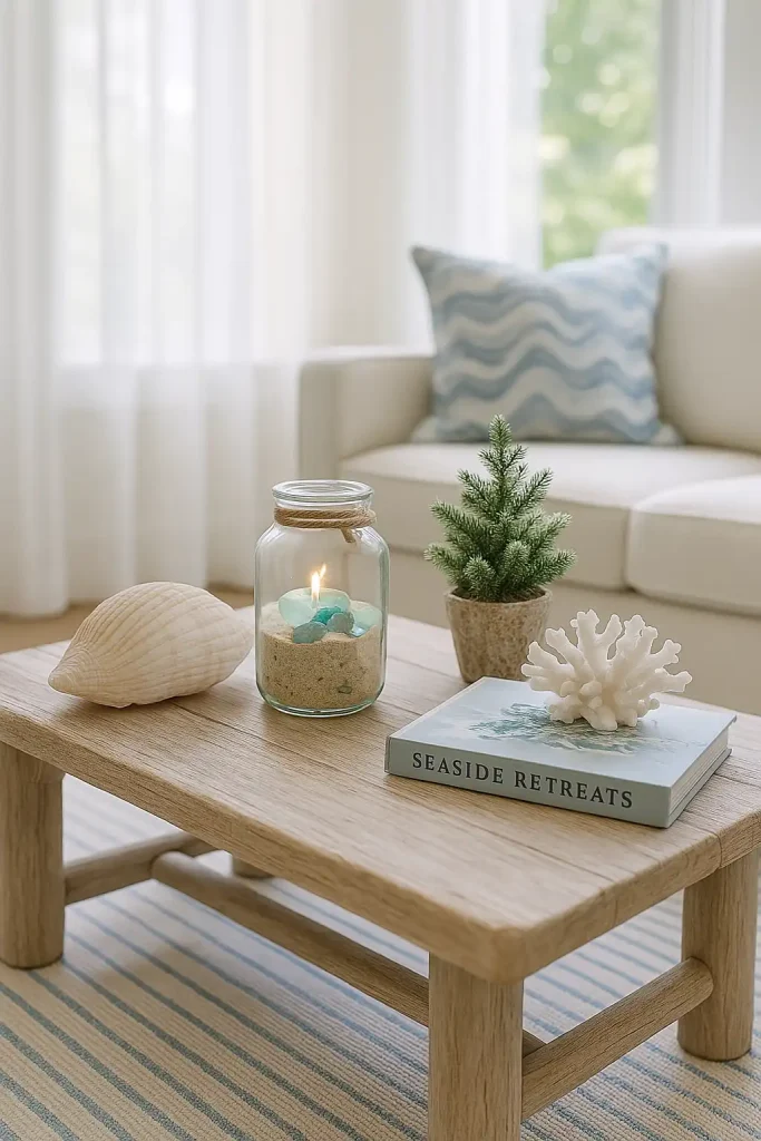A driftwood-style coffee table on a white and blue striped rug. Decor includes a large shell, a glass jar with sand and sea glass, a white coral sculpture, and a coastal-themed book titled “Seaside Retreats.” Sunlight filtering through sheer white curtains.