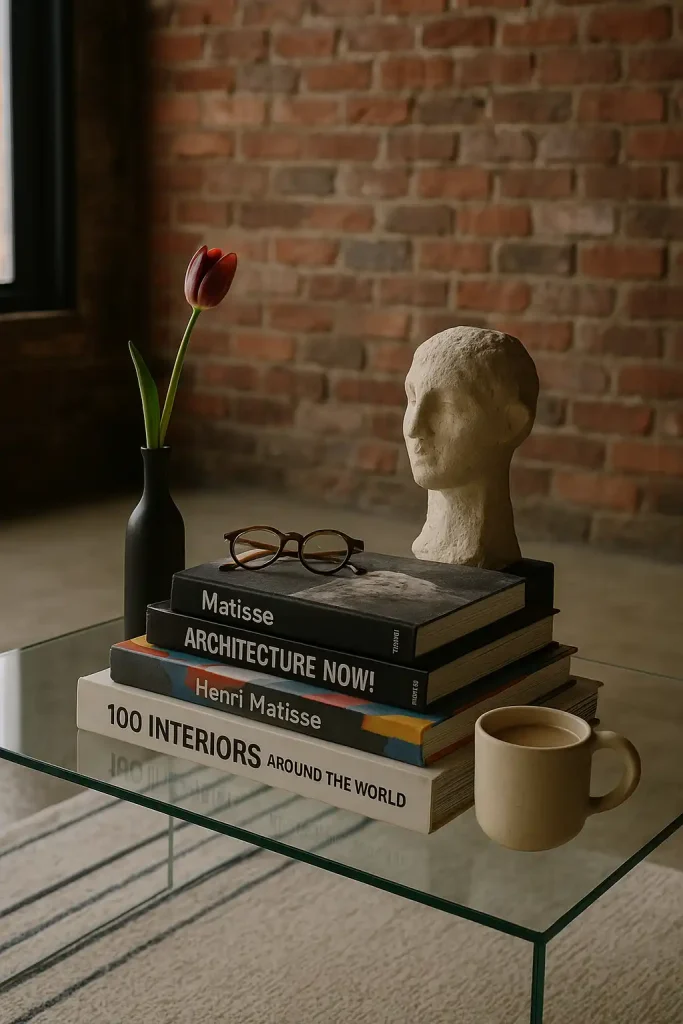 A rectangular glass coffee table with an eclectic stack of oversized art and architecture books. A pair of vintage reading glasses rests on top, next to a sculptural bust or abstract art piece. A single tulip in a minimalist bud vase adds a pop of color. A creative, loft-like setting with exposed brick.