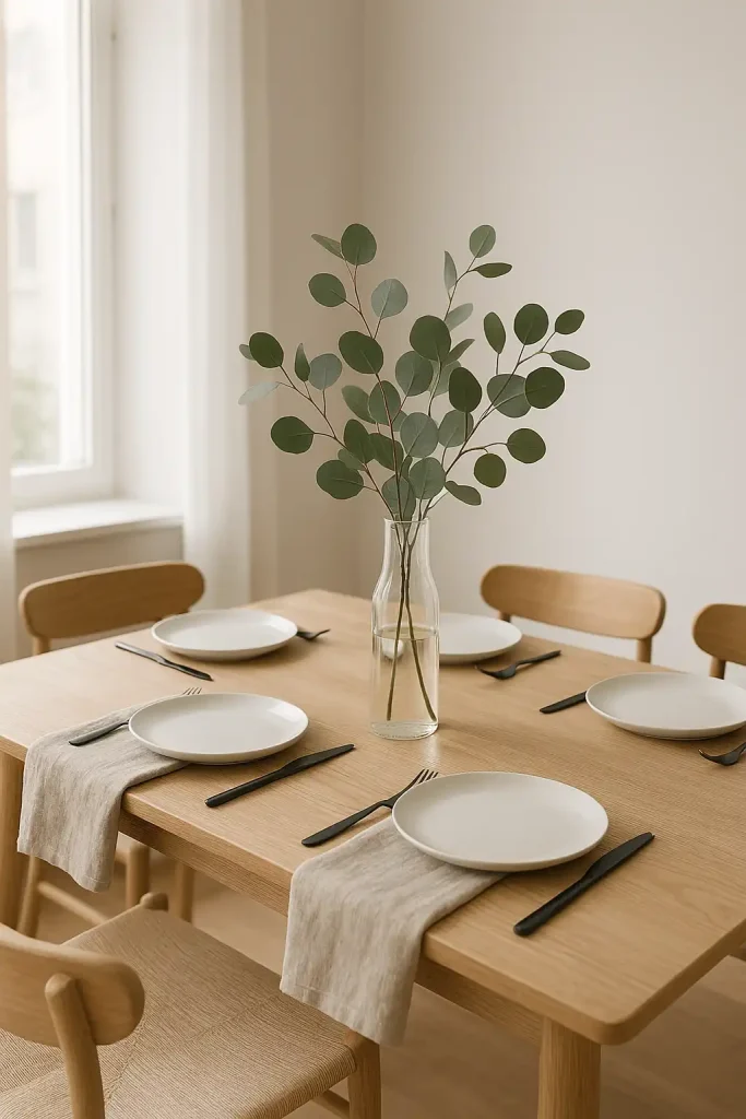 A Scandinavian-style dining room with a light oak table, simple white ceramic plates, matte black cutlery, and a centerpiece of a single tall glass vase with eucalyptus stems. Soft natural light pouring in from a nearby window, white walls, and neutral linen napkins folded neatly.