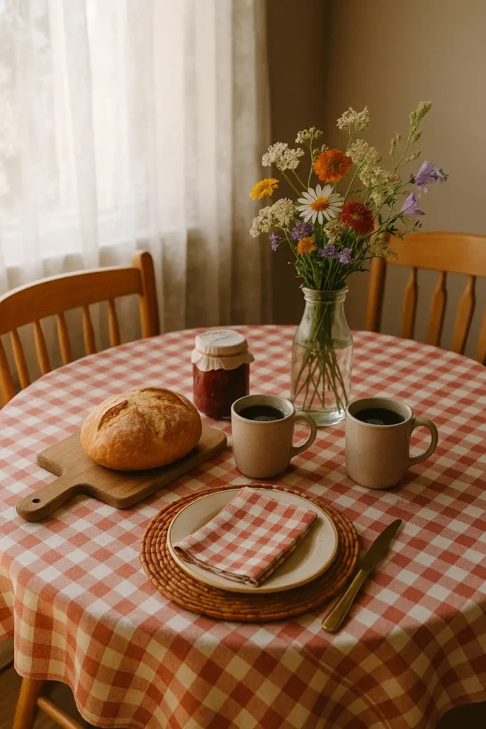 A charming breakfast setup on a round wooden dining table with a red gingham tablecloth, a fresh loaf of bread on a wooden board, ceramic mugs with steaming coffee, a jar of homemade jam, and a wildflower bouquet in a vintage milk bottle. Morning light streaming in through lace curtains.