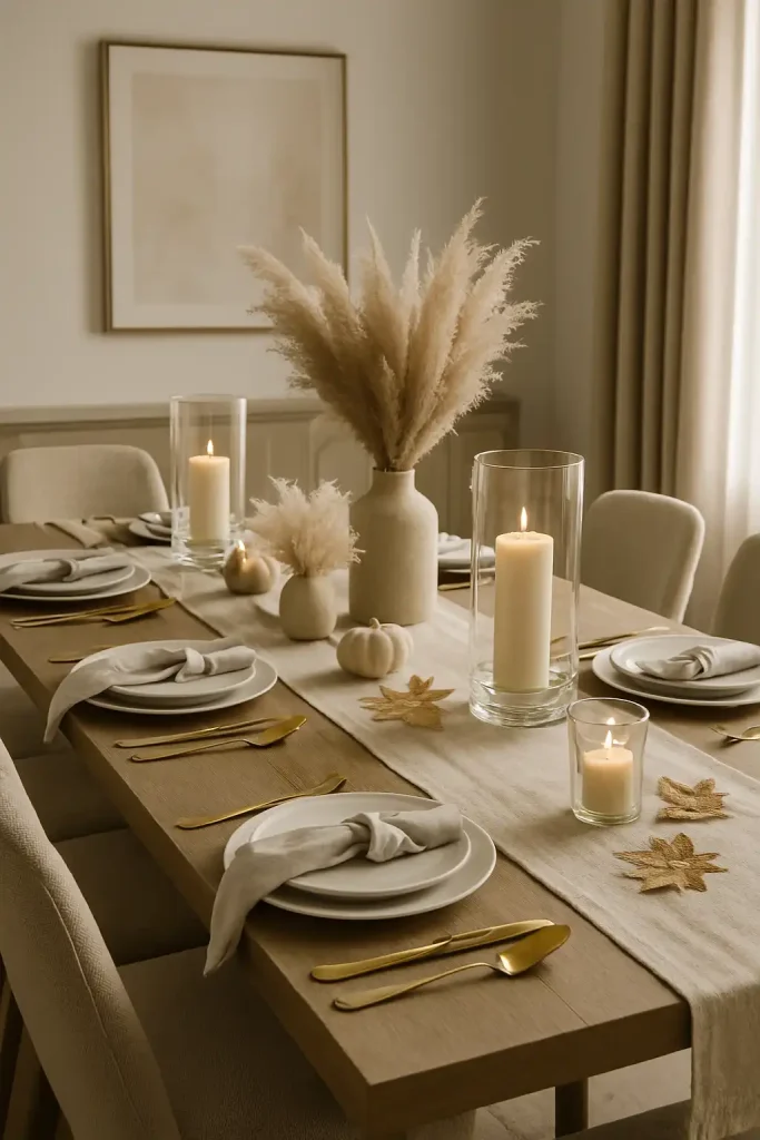 Sophisticated neutral dining room with a long rectangular table, white and beige color palette, linen runner, ceramic plates with soft gray napkins, gold cutlery, tall glass hurricane lanterns with pillar candles, and dried pampas grass in the centerpiece.