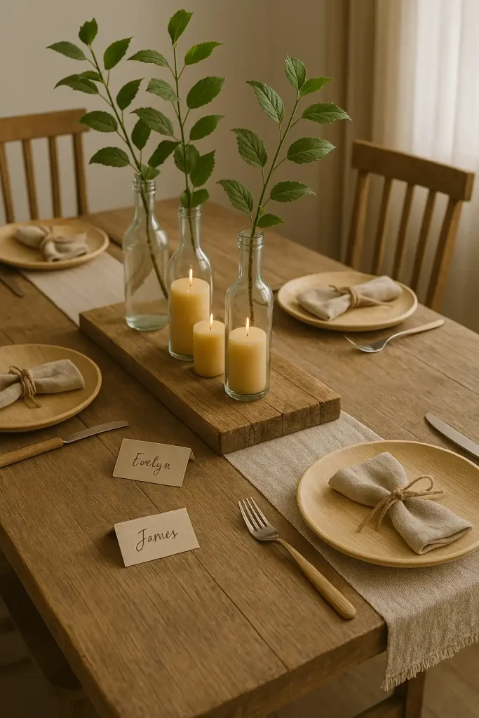 Dining table styled with eco-conscious elements: bamboo plates, linen napkins with twine, upcycled glass bottle vases with fresh greenery, a reclaimed wood centerpiece tray with beeswax candles, and recycled paper place cards with handwritten names.