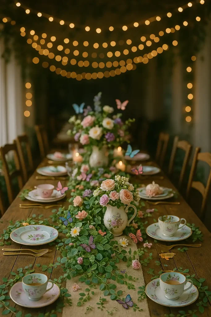 Dining table styled like an enchanted garden party indoors: floral garland draped across the table, pastel teacups, mismatched vintage plates, butterfly accents, fresh flowers spilling from teapots, and twinkle lights overhead with soft ambient glow.