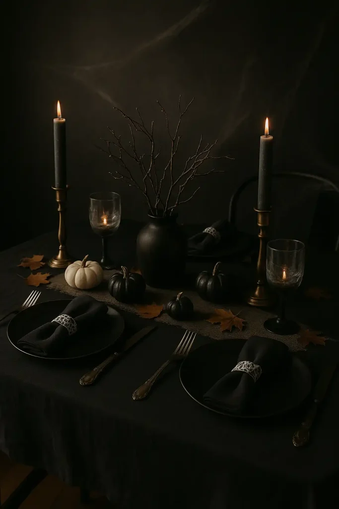 A dark-themed Halloween dining table with black tablecloth, smoky gray candles in brass holders, mini black and white pumpkins, dried twigs in a black vase, antique silverware, and cobweb napkin rings. Subtle spooky details without being over-the-top.