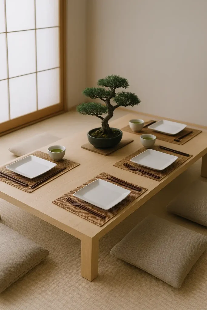 Minimalist dining table styled with Japanese influence: low table with neutral cushions, simple white square plates, bamboo placemats, bonsai centerpiece, small bowls of green tea, and a clean, serene aesthetic with balanced symmetry.