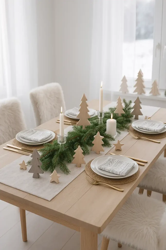 Scandi-style Christmas table with light wood, white and gray tones, fir branches down the center, wooden trees and stars as decor, white candles in clear glass holders, cozy fur-lined chairs, and minimalist Nordic patterned napkins.