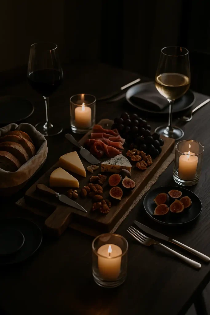 Elegant evening dining setup with charcuterie board in the center, red and white wine glasses, rustic bread in a linen-lined basket, cheese knives, grapes and figs arranged on slate trays, soft candlelight, and moody shadows for a cozy, indulgent vibe.