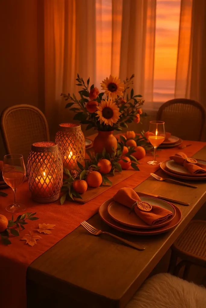 Indoor dining table styled to mimic an outdoor sunset dinner: coral and amber tones, woven lanterns with flickering lights, terra cotta plates, cloth napkins tied with dried orange slices, and a centerpiece of sunflowers and citrus branches. Warm, dreamy lighting.