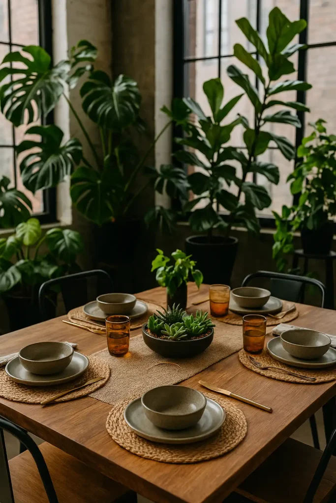 A dining table in a modern loft-style space surrounded by lush indoor plantsâmonstera, pothos, and fiddle leaf figs. The table features natural textures: jute placemats, handmade ceramic dishes, amber glass cups, and a low centerpiece of potted succulents. Light streaming in from large industrial-style windows.