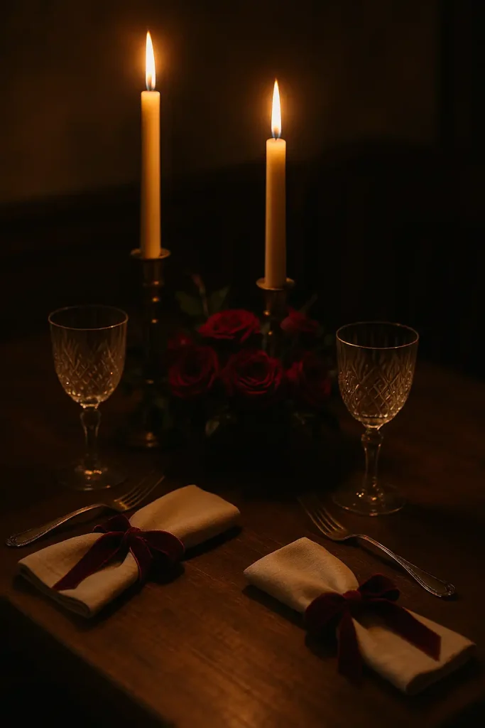 A dark wood dining table set for two with vintage brass candlesticks, softly glowing taper candles, crystal wine glasses, deep red roses in a low floral centerpiece, and ivory linen napkins tied with velvet ribbon. Dim, warm lighting with a cozy ambiance."