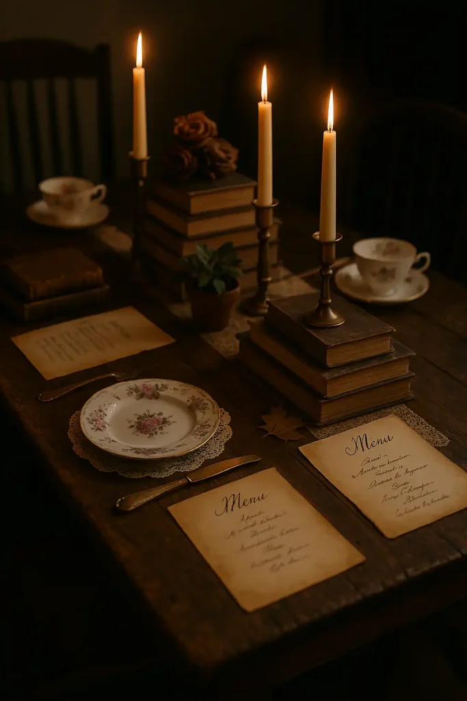 An antique wooden dining table styled like a literary salon: stacks of vintage books as part of the centerpiece, taper candles in brass holders, handwritten menu cards on aged parchment, delicate china with floral patterns, and lace doilies under each plate. A cozy, old-world atmosphere perfect for an intellectual dinner party.