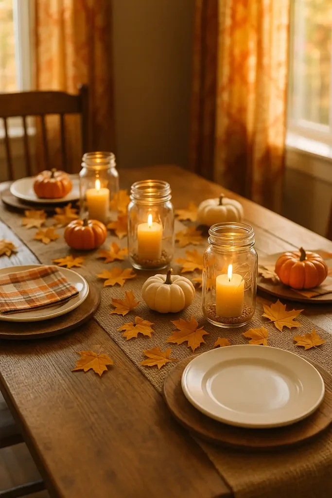 A farmhouse dining table with burlap runner, mini pumpkins in orange and white, golden maple leaves scattered around, mason jars with candles inside, and wooden chargers with white ceramic plates and plaid napkins. Sunlight filtering through fall-colored curtains.