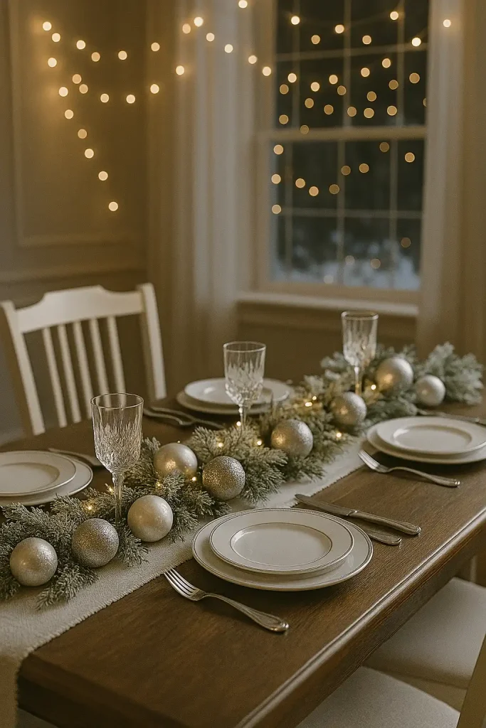 Elegant Christmas dining room decor with a white and silver theme: snow-dusted pine garland along the center, silver ornaments, crystal goblets, white china with metallic silver accents, and twinkling fairy lights strung above the table.