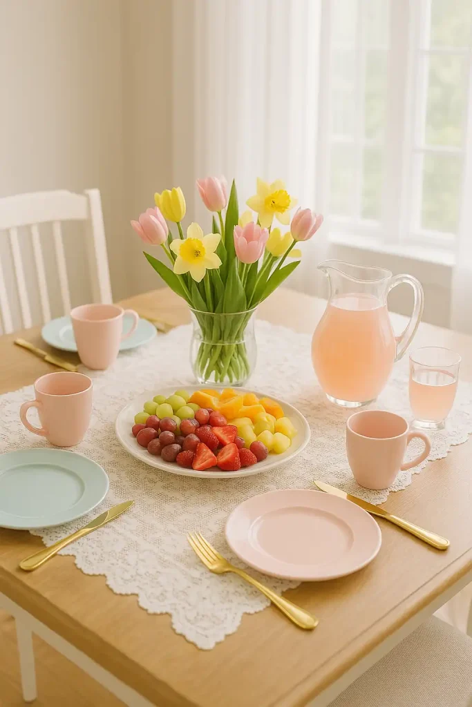 A bright and airy table set for a spring brunch with pastel-colored tableware, a bouquet of tulips and daffodils, pink lemonade in a glass pitcher, a lace tablecloth, and gold cutlery. Sunlight pouring in through white curtains, fresh fruit platter in the center.