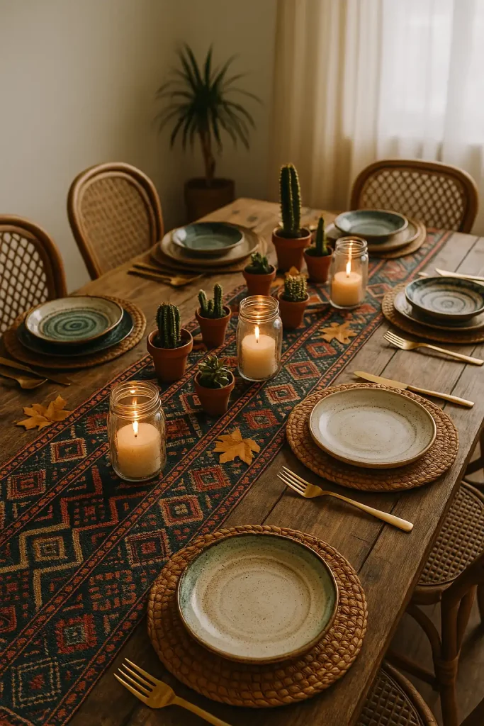 Bohemian-style dining room with a reclaimed wood table, woven placemats, eclectic mix of ceramic plates, candles in glass jars, small succulents and cacti as centerpieces, and a Moroccan-style table runner with geometric patterns.