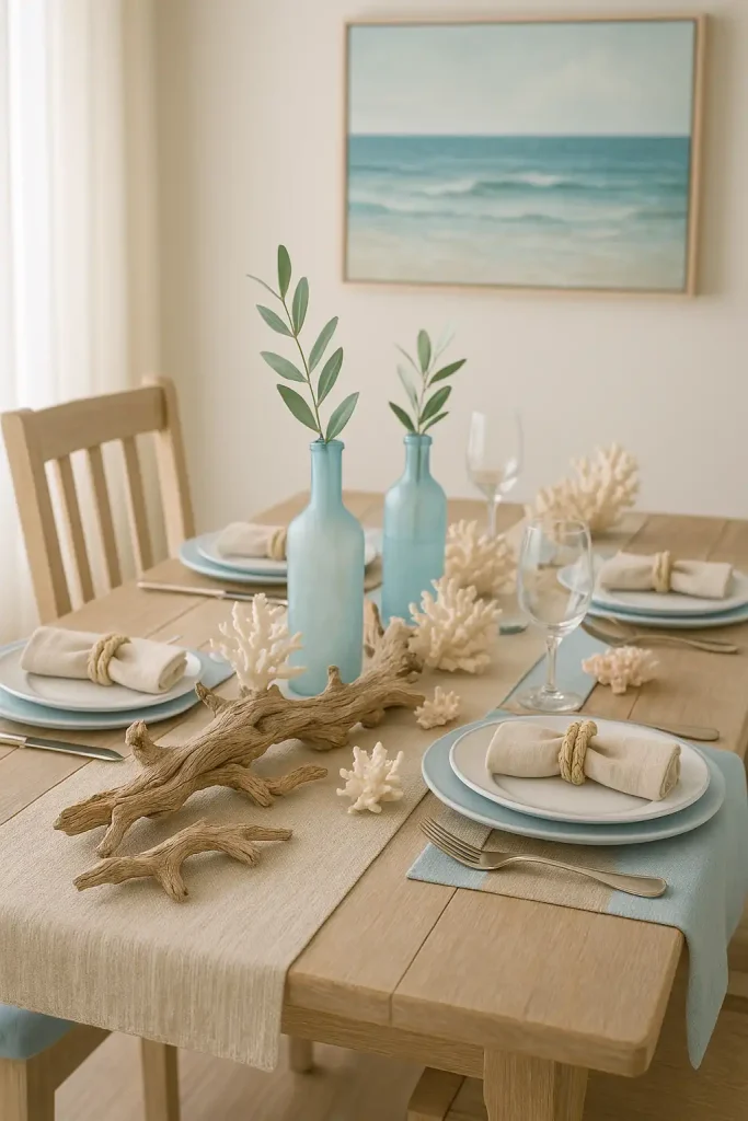 Beach-inspired dining table with soft blue and sandy beige tones, driftwood centerpiece, sea glass bottles as vases, white dishes with blue trim, linen napkins with rope napkin rings, and coral accents. Light-filled room with ocean artwork in the background.
