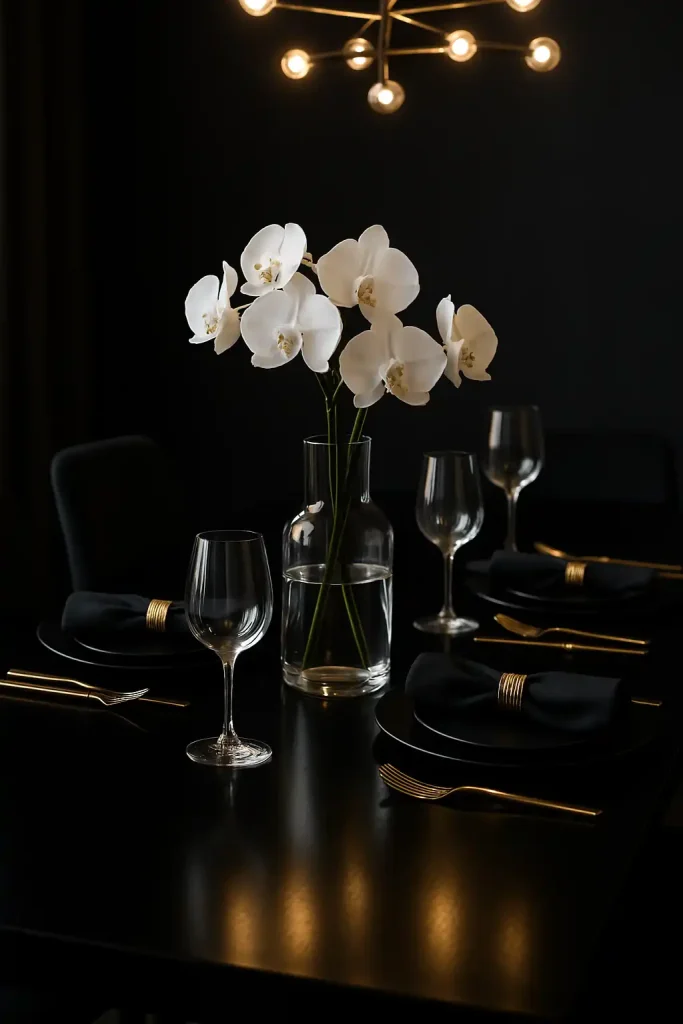 High-end modern dining table set with matte black plates, gold flatware, black napkins with gold rings, and a sleek glass vase filled with white orchids. Glossy black table surface, ambient chandelier lighting overhead, and a dark, moody backdrop.