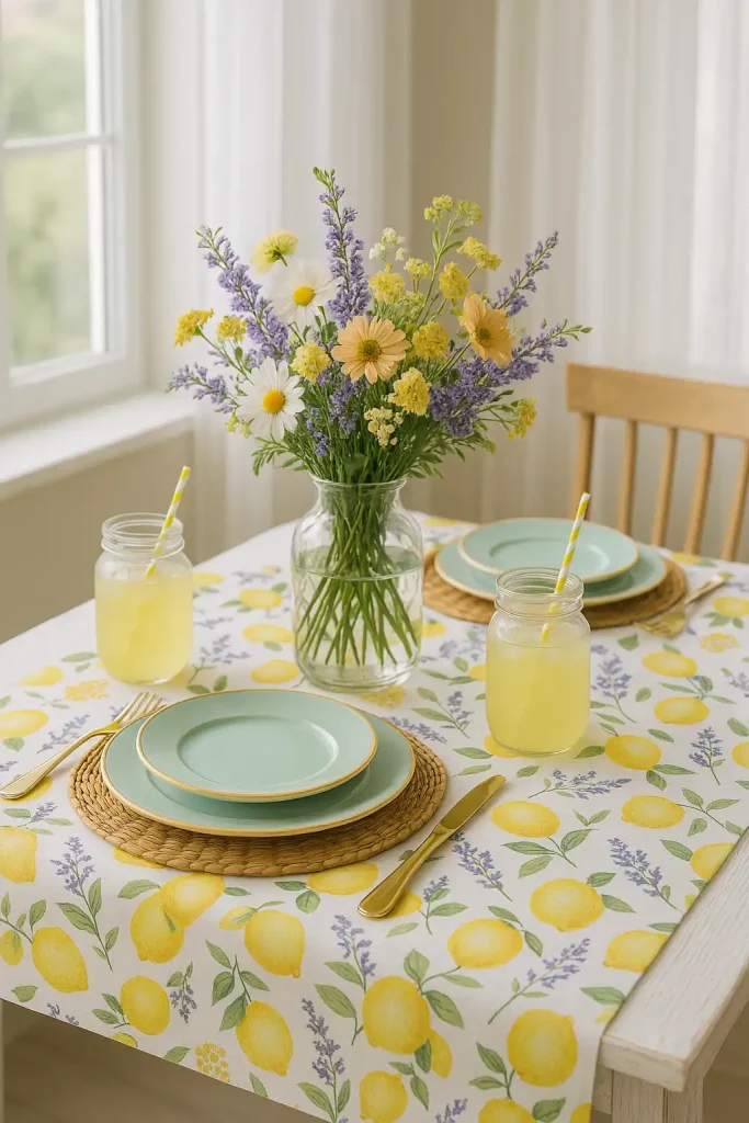 A bright dining table setup near a window with whitewashed wood, a floral tablecloth with lemon and lavender prints, a bouquet of wildflowers in a clear glass vase, rattan placemats, pastel plates with gold trim, and lemonade in mason jar glasses with striped straws.