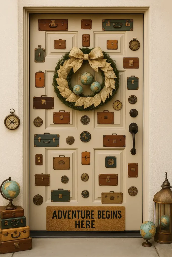 A door decorated with small vintage suitcase stickers, an old map wreath, and miniature globes or compass-themed accents. A welcome mat that reads “Adventure Begins Here.”