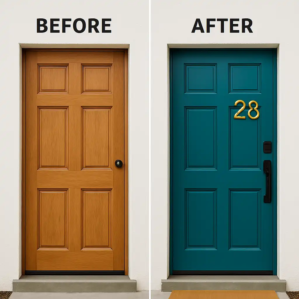 A “before and after” of a plain wooden door turned into a statement piece with bold paint (e.g., teal or mustard yellow), new handles, and decorative house numbers.