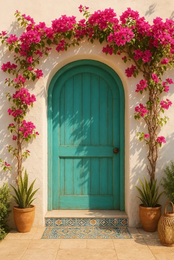 A turquoise-painted wooden door with a rounded arch, surrounded by whitewashed stucco walls, climbing bougainvillea, and patterned ceramic tiles at the doorstep. Warm, sunny atmosphere.