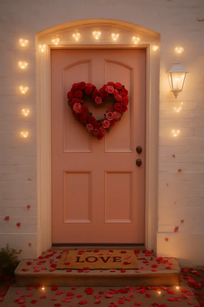 A red or blush pink front door adorned with a heart-shaped wreath made of roses, fairy lights shaped like hearts, and rose petals scattered on the steps. Soft-focus lighting.