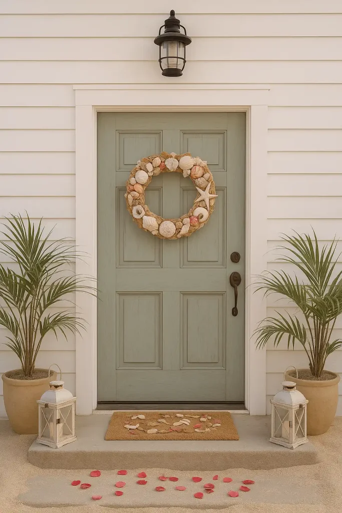 A seafoam green or driftwood gray door with a wreath made of seashells, starfish, and rope. White shiplap siding, nautical lanterns, and sand-dusted potted palms.