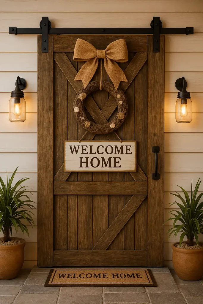 A sliding wooden barn door used indoors or outdoors, decorated with a burlap bow, mason jar sconce lights, and a sign reading “Welcome Home.” Earthy tones and distressed wood.