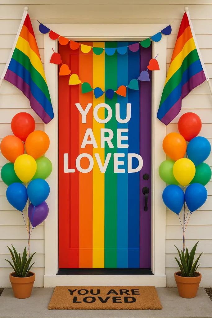 A brightly painted rainbow-striped front door with pride flags or balloons, paper garlands, and “You Are Loved” letter decals. Ideal for Pride Month or inclusive decor themes.