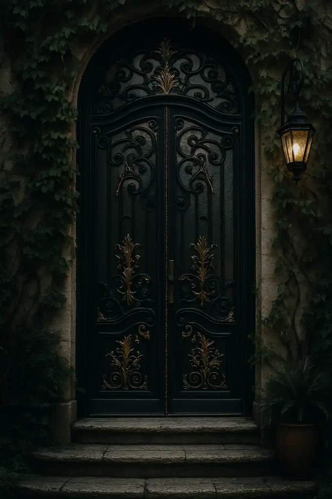 A tall, ornate black wrought-iron and glass door with intricate gold detailing. Cobblestone steps, an old-fashioned lantern, and ivy-draped ironwork create a moody romantic setting.