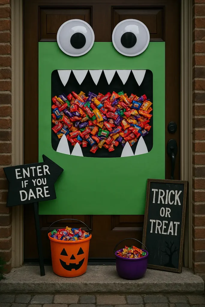 A front door turned into a giant “candy monster” with googly eyes, foam teeth, and a wide “mouth” full of wrapped candy. Buckets of candy and spooky signage nearby.